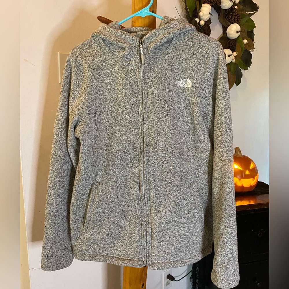 Women’s large, gray, the north face fleece jacket, zip up, with hood.
